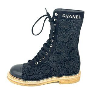 CHANEL 19S Camellia Flower Embroidered Applique Lace Up Flat Ankle Boots